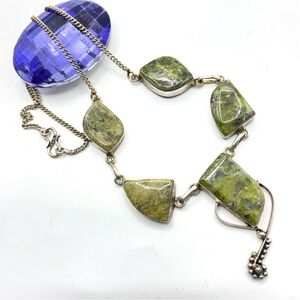 Sterling Silver Green Polished Stone Statement Necklace With Chain Bohemiam